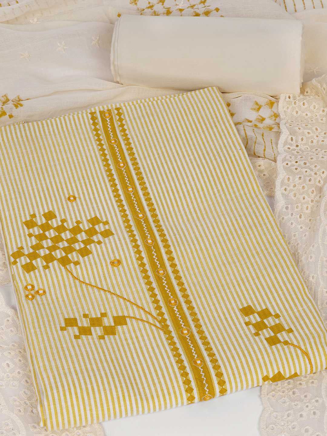 Unstitched Cotton Dress Material with Mirror Work paired with Plain Bottom & printed dupatta.(Yellow)