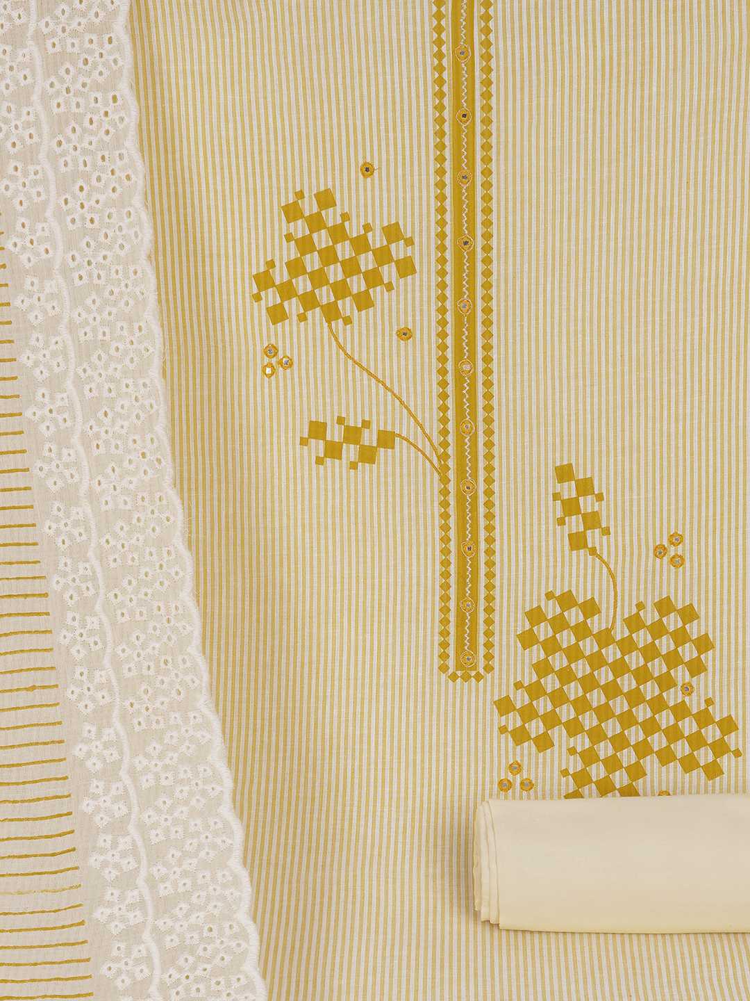 Unstitched Cotton Dress Material with Mirror Work paired with Plain Bottom & printed dupatta.(Yellow)