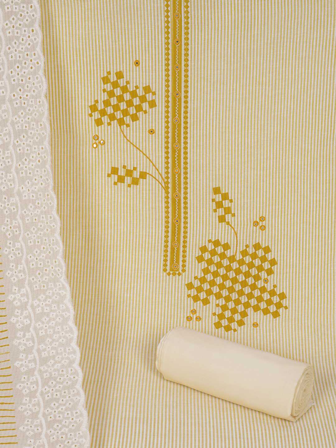 Unstitched Cotton Dress Material with Mirror Work paired with Plain Bottom & printed dupatta.(Yellow)