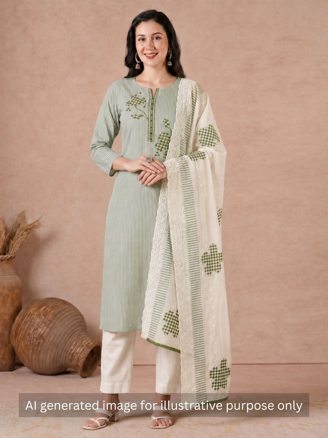 Unstitched Cotton Dress Material with Mirror Work paired with Plain Bottom & printed dupatta.(Green)
