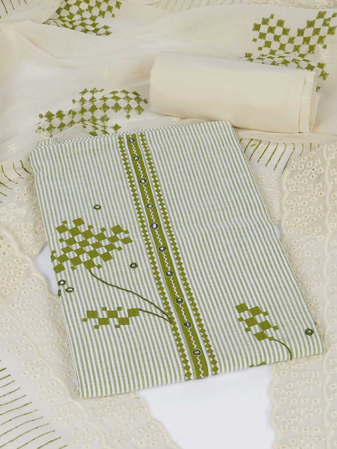 Unstitched Cotton Dress Material with Mirror Work paired with Plain Bottom & printed dupatta.(Green)