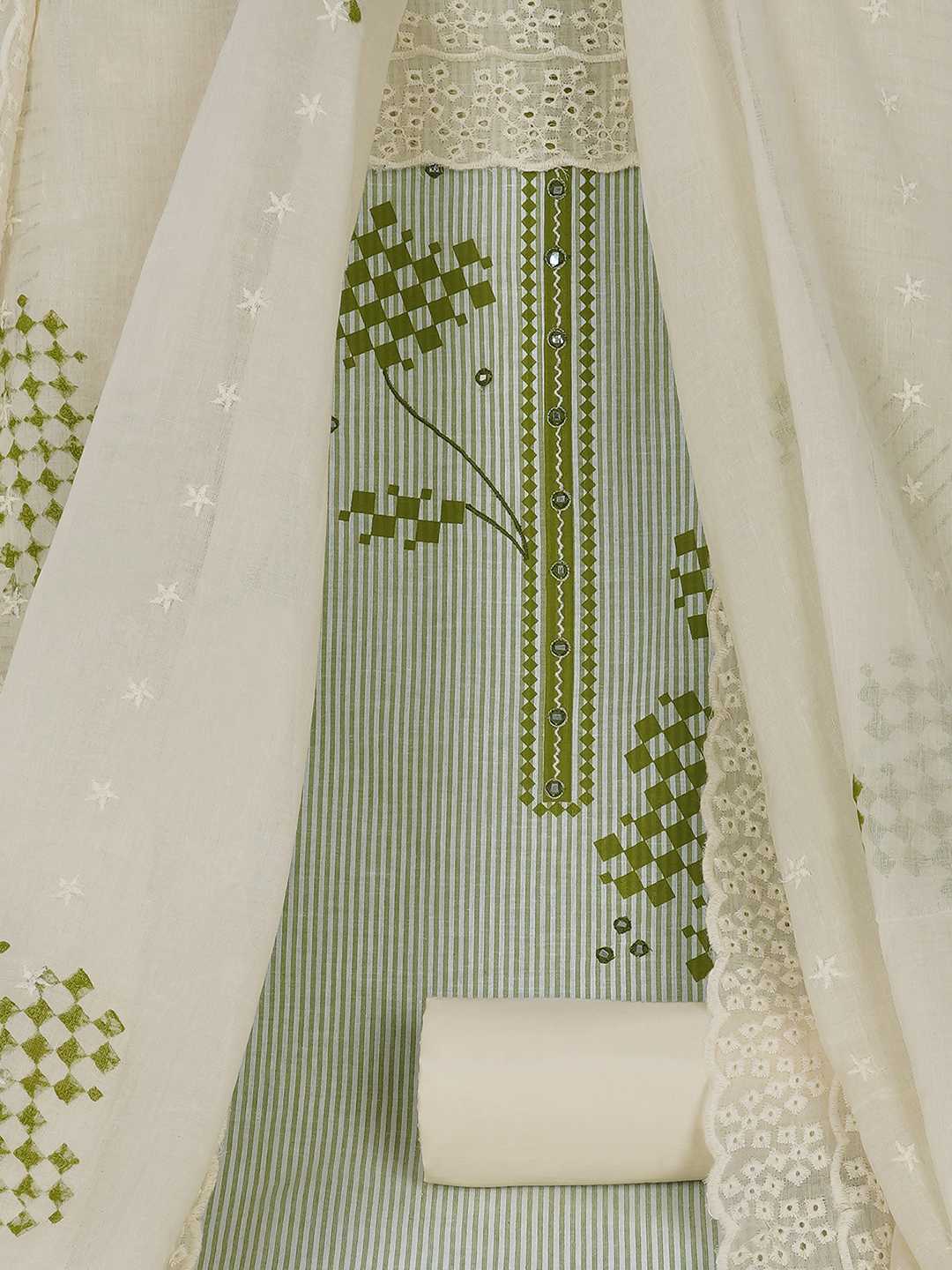 Unstitched Cotton Dress Material with Mirror Work paired with Plain Bottom & printed dupatta.(Green)