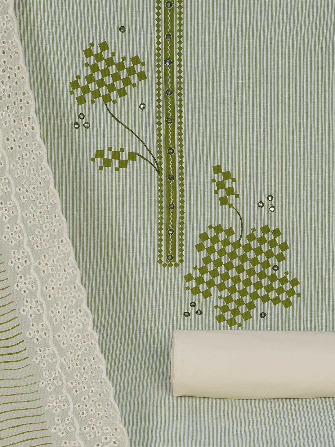 Unstitched Cotton Dress Material with Mirror Work paired with Plain Bottom & printed dupatta.(Green)