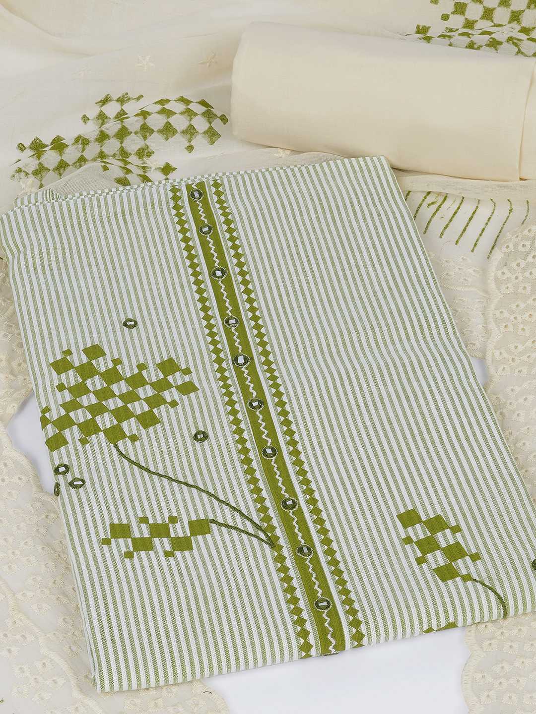 Unstitched Cotton Dress Material with Mirror Work paired with Plain Bottom & printed dupatta.(Green)