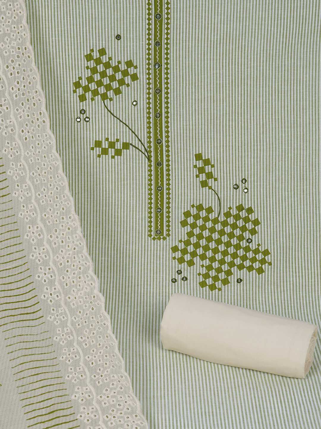 Unstitched Cotton Dress Material with Mirror Work paired with Plain Bottom & printed dupatta.(Green)