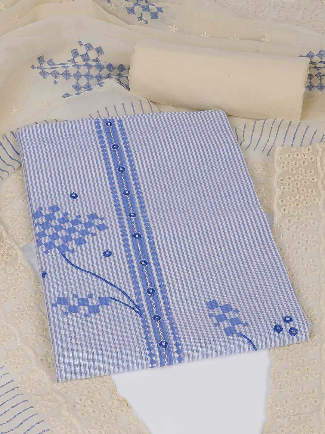 Unstitched Cotton Dress Material with Mirror Work paired with Plain Bottom & printed dupatta.(Blue)