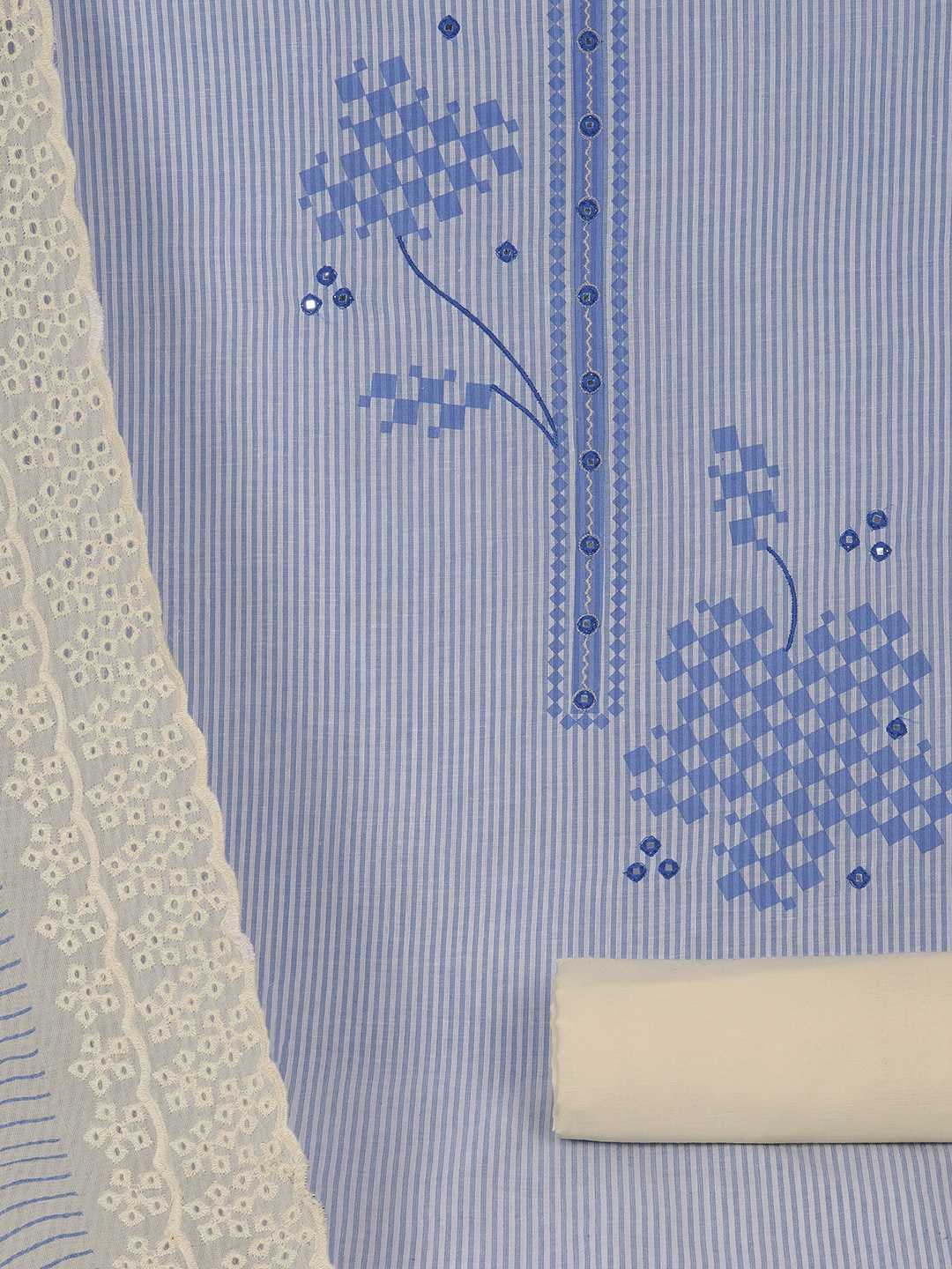 Unstitched Cotton Dress Material with Mirror Work paired with Plain Bottom & printed dupatta.(Blue)
