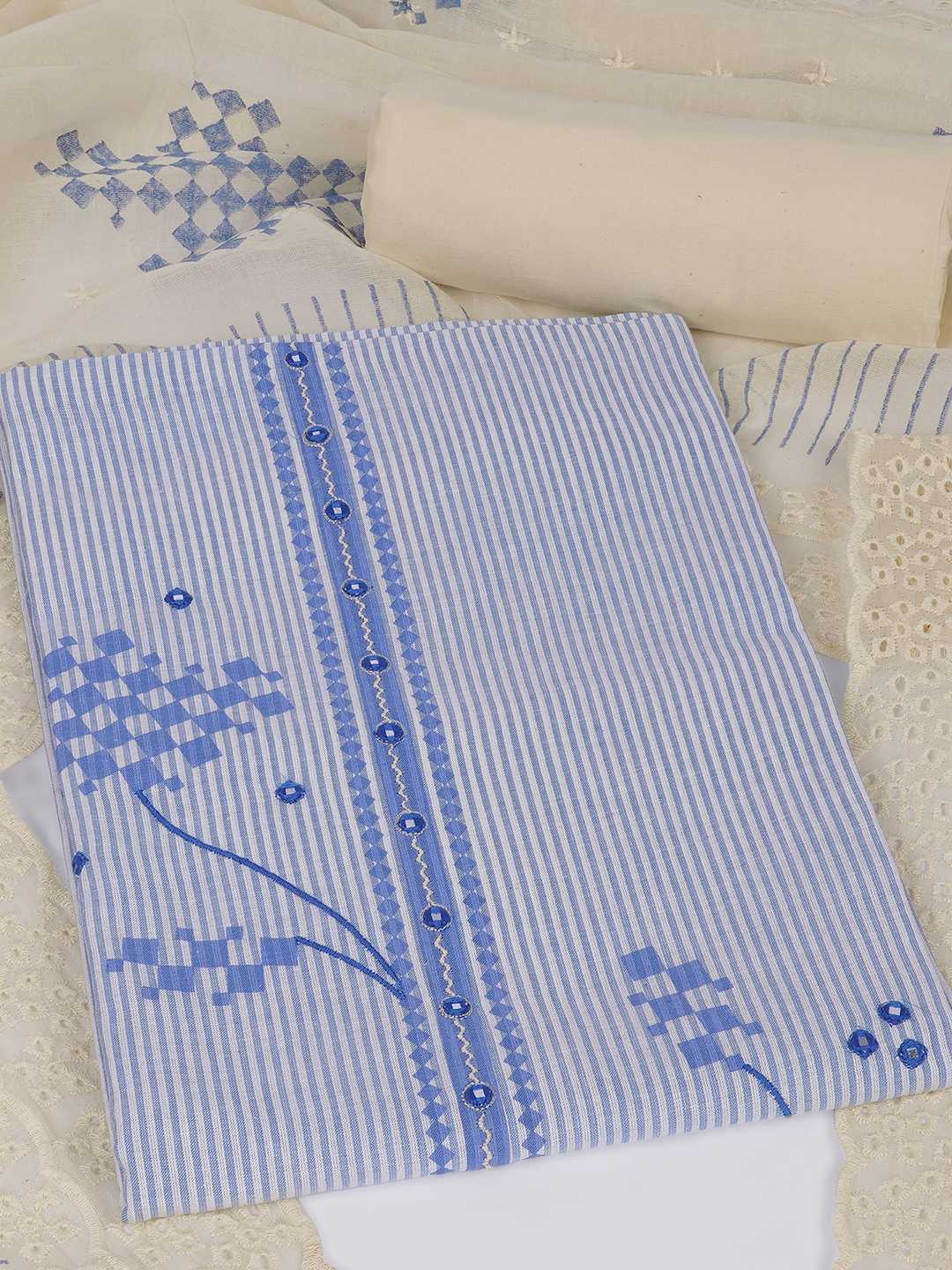 Unstitched Cotton Dress Material with Mirror Work paired with Plain Bottom & printed dupatta.(Blue)