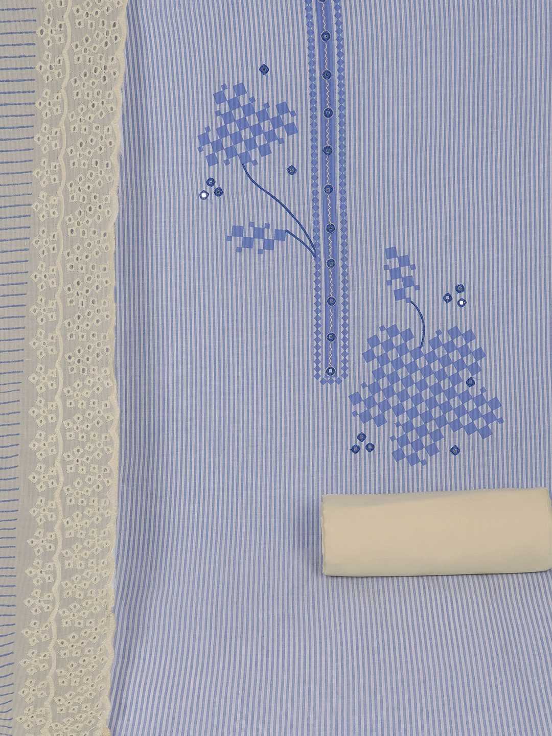 Unstitched Cotton Dress Material with Mirror Work paired with Plain Bottom & printed dupatta.(Blue)