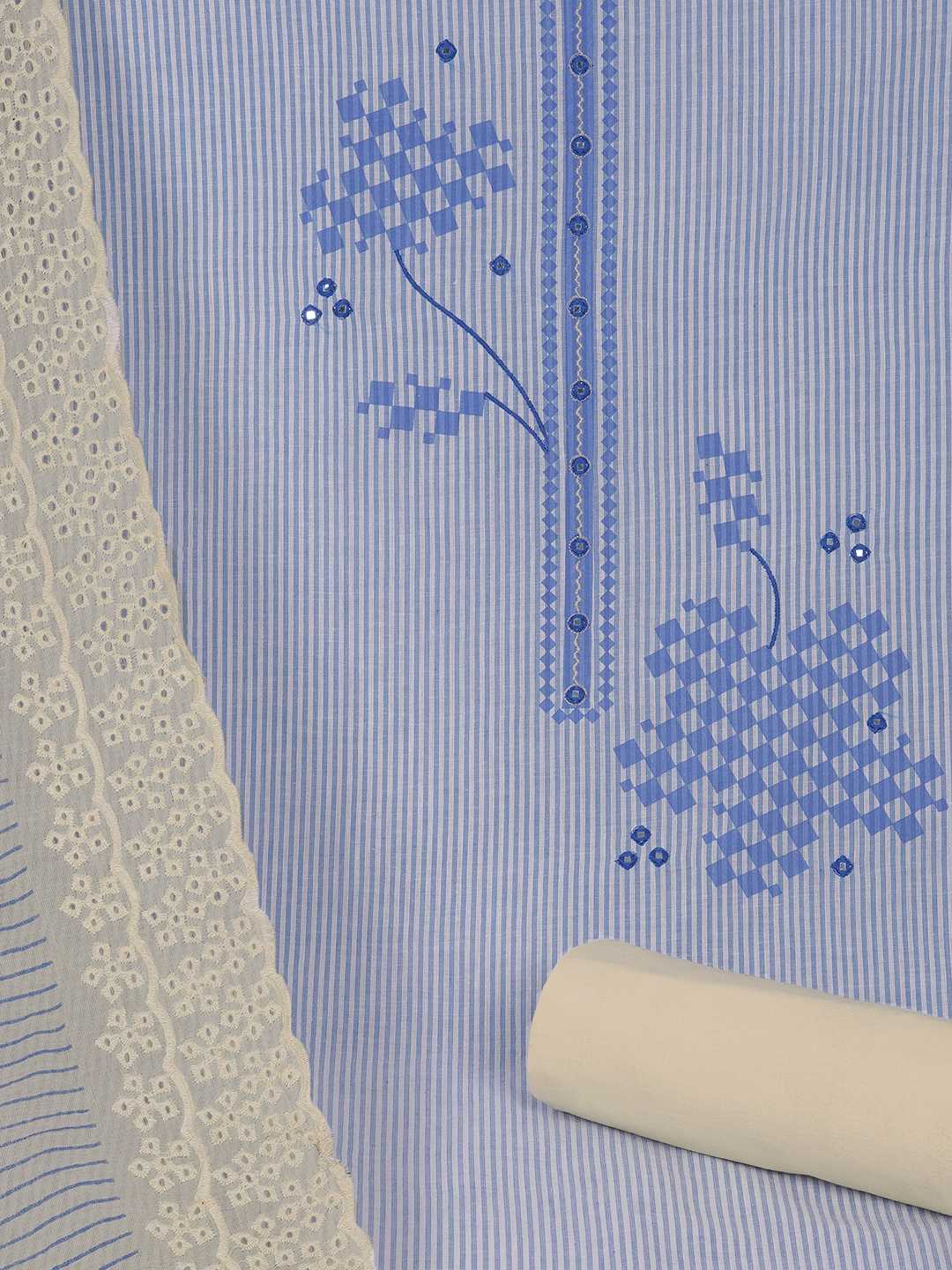 Unstitched Cotton Dress Material with Mirror Work paired with Plain Bottom & printed dupatta.(Blue)