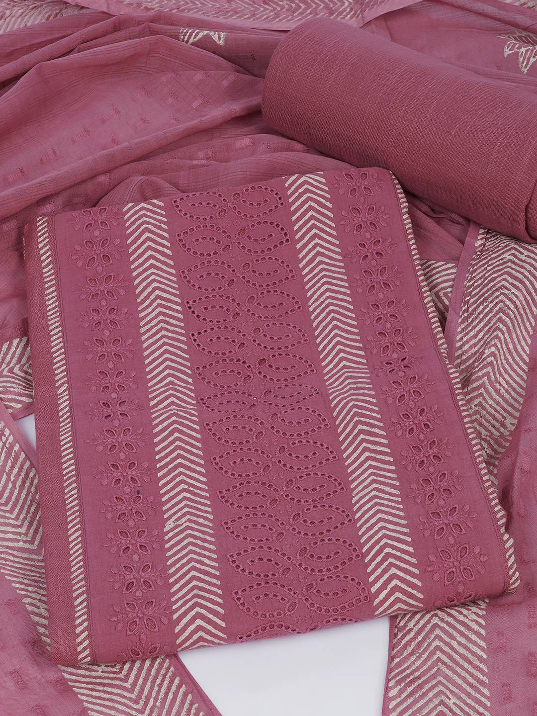 Unstitched Cotton Schiffli Embroidered Suit Set with Solid Bottom & Printed Dupatta.(Pink)
