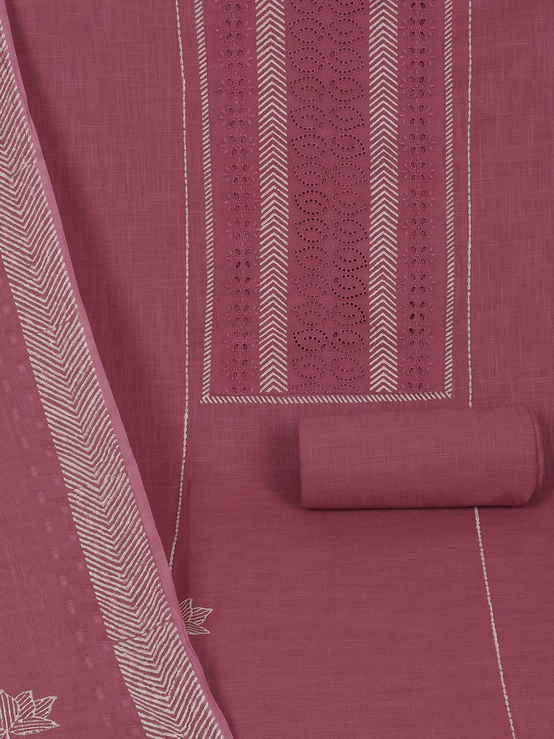 Unstitched Cotton Schiffli Embroidered Suit Set with Solid Bottom & Printed Dupatta.(Pink)