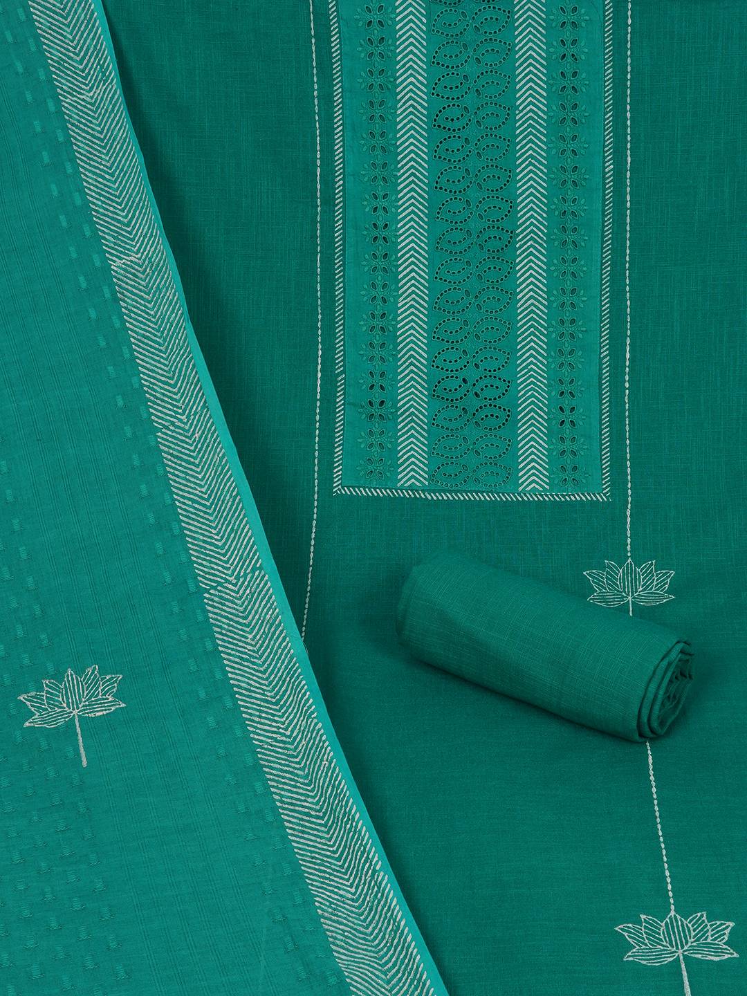 Unstitched Cotton Schiffli Embroidered Suit Set with Solid Bottom & Printed Dupatta.(Green)