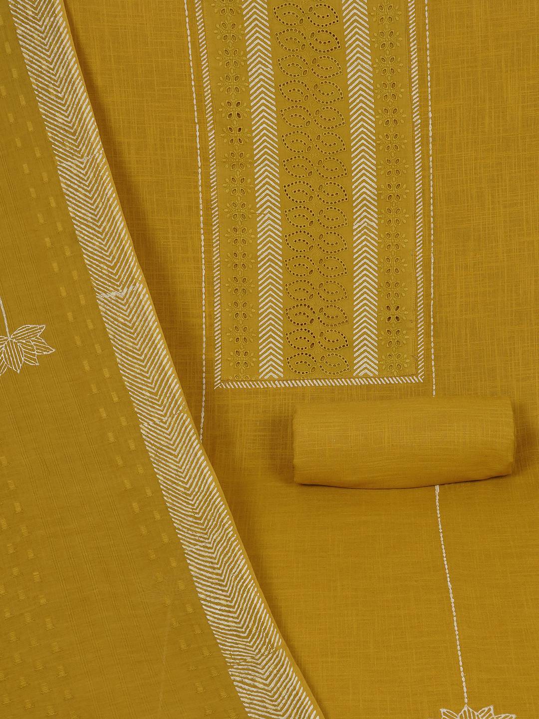 Unstitched Cotton Schiffli Embroidered Suit Set with Solid Bottom & Printed Dupatta.(Yellow)