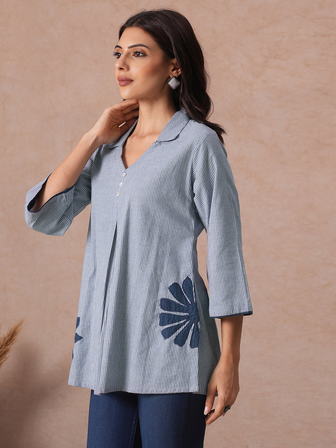 Micro Checks Shirt Style Cotton Top with Floral Applique, Bell Sleeves, Half Collar & Box Pleat.
