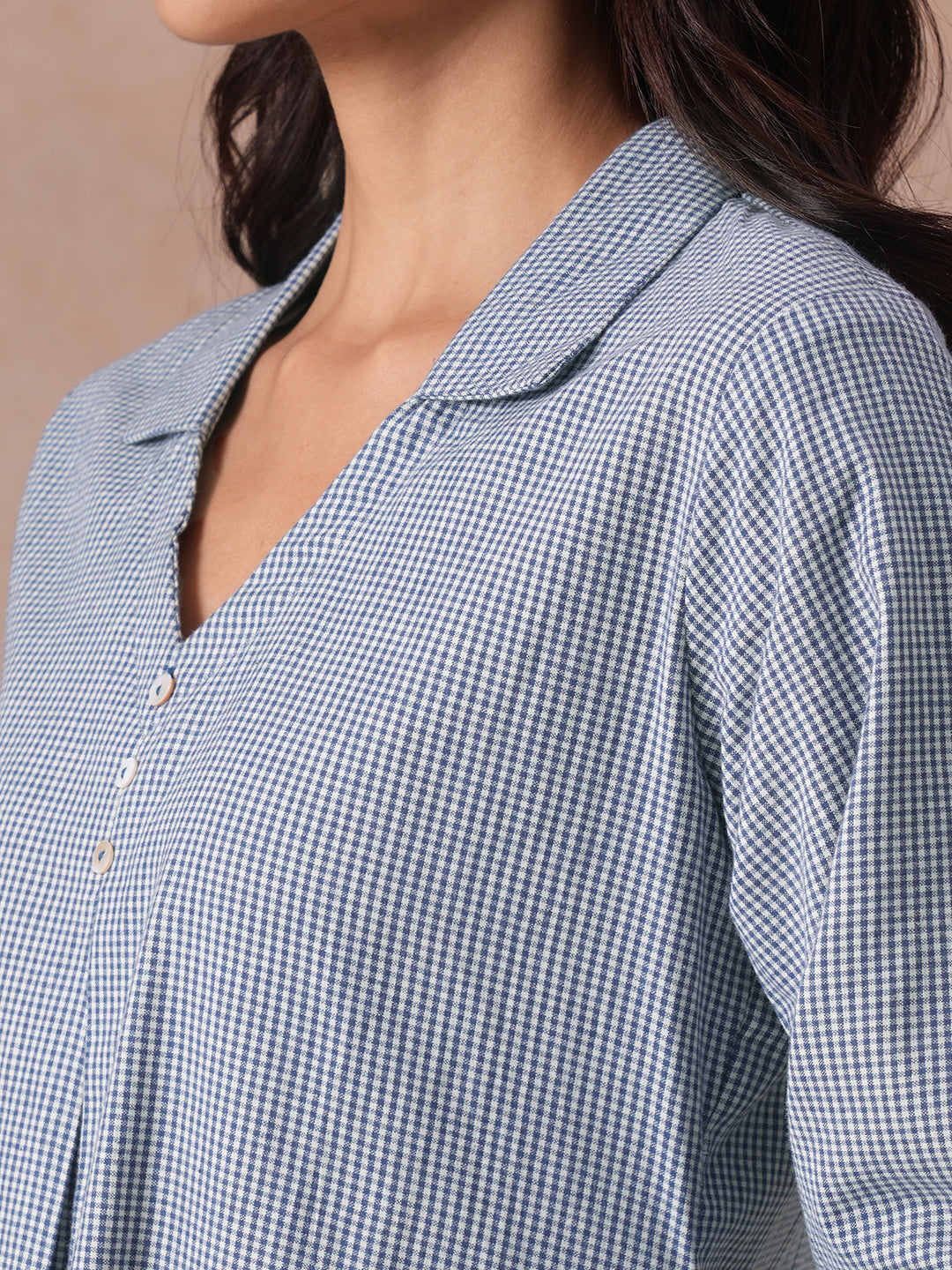Micro Checks Shirt Style Cotton Top with Floral Applique, Bell Sleeves, Half Collar & Box Pleat.