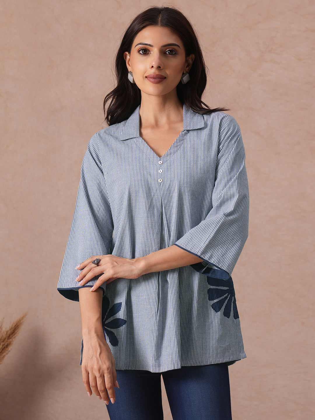 Micro Checks Shirt Style Cotton Top with Floral Applique, Bell Sleeves, Half Collar & Box Pleat.
