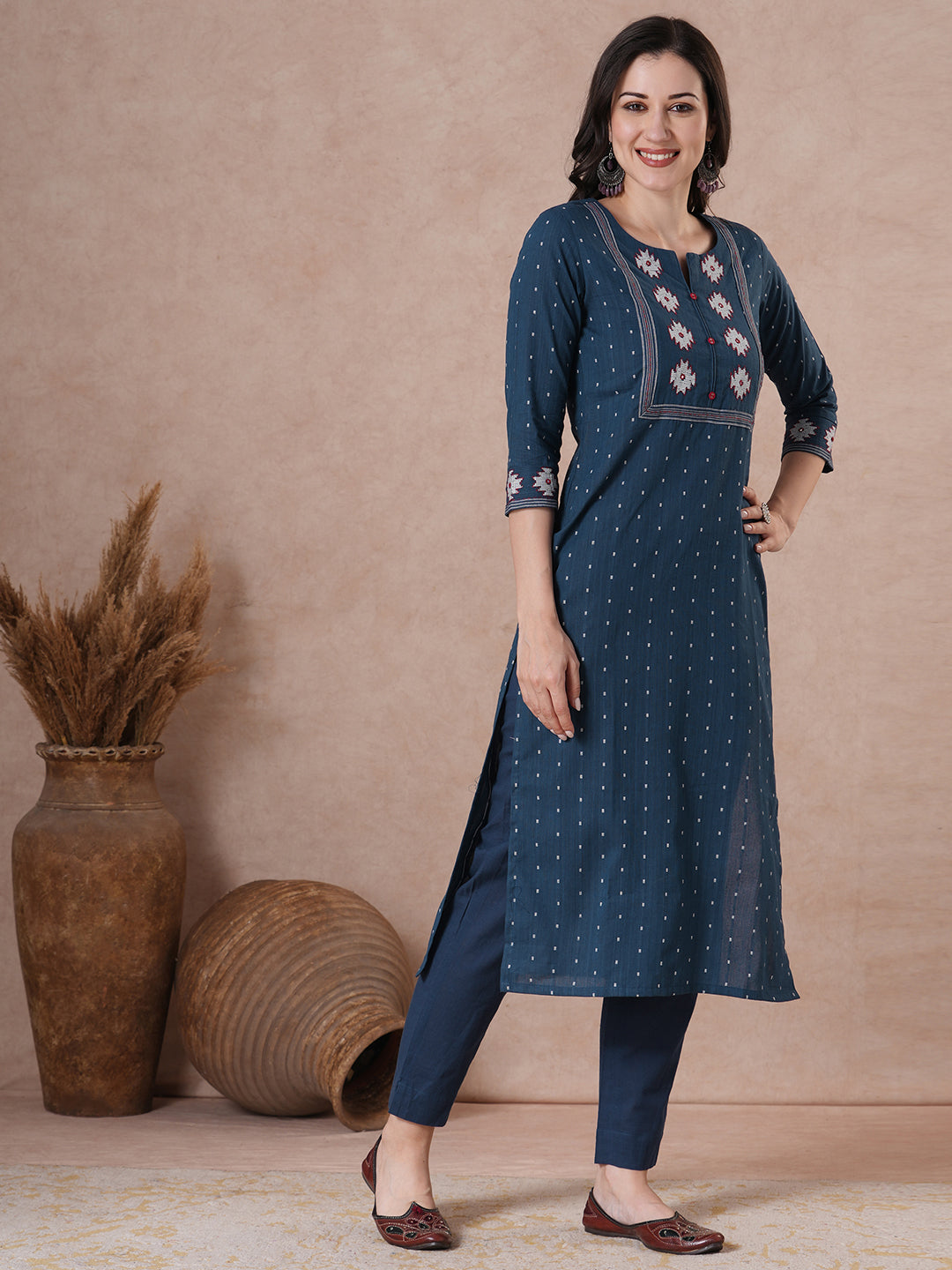 Straight Fit Cotton Printed Kurta with Elegant Embroidered Yoke & 3/4 Sleeves