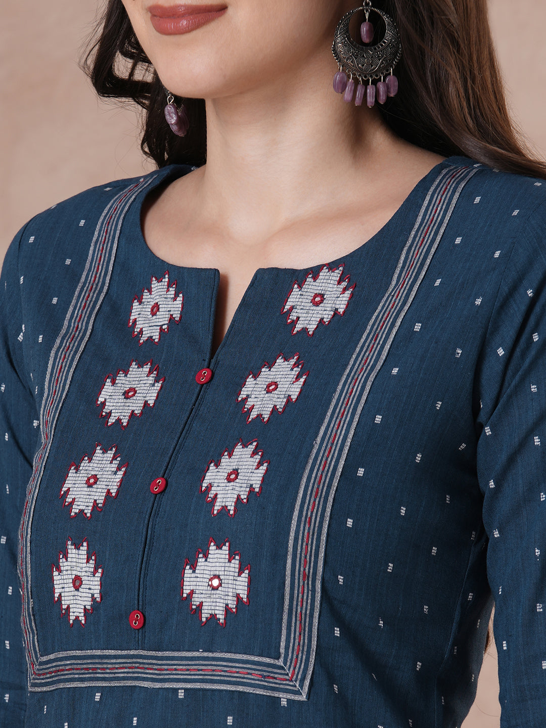 Straight Fit Cotton Printed Kurta with Elegant Embroidered Yoke & 3/4 Sleeves
