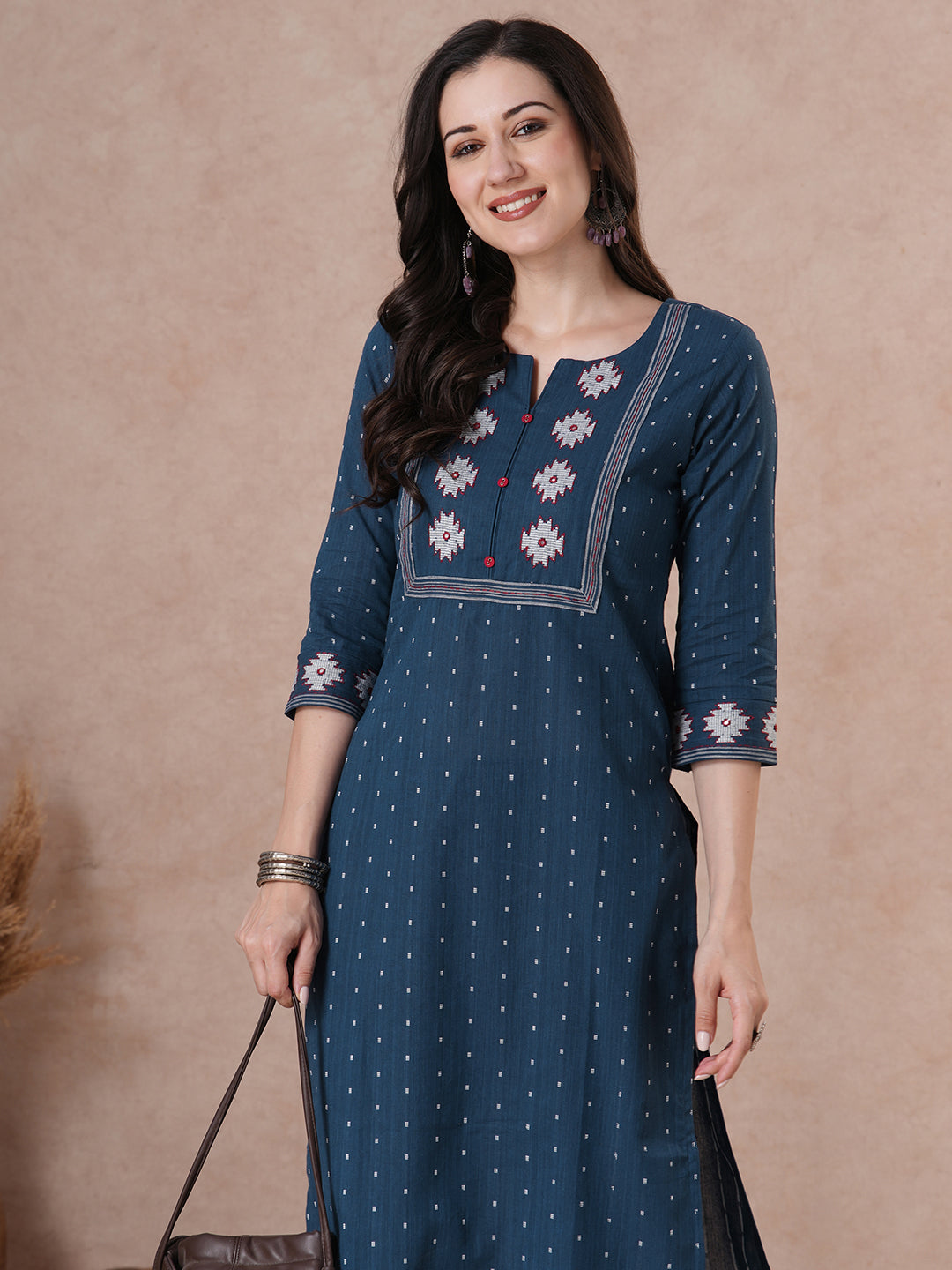 Straight Fit Cotton Printed Kurta with Elegant Embroidered Yoke & 3/4 Sleeves