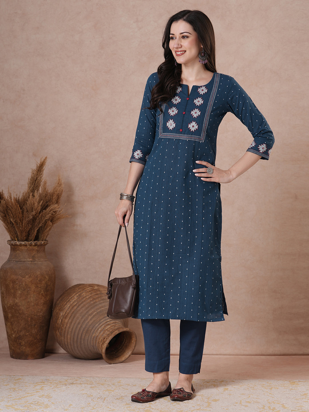 Straight Fit Cotton Printed Kurta with Elegant Embroidered Yoke & 3/4 Sleeves