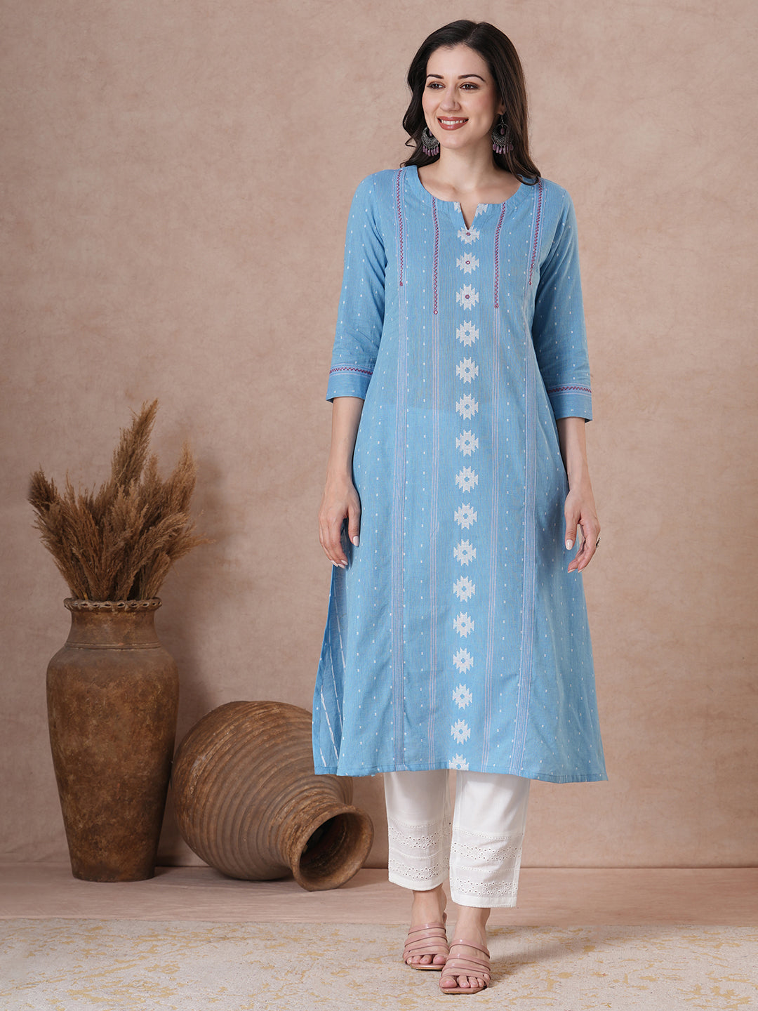 JOYLAND - A-Line Blue Cotton Kurta with Woven Texture, Embroidery & Mirror Work