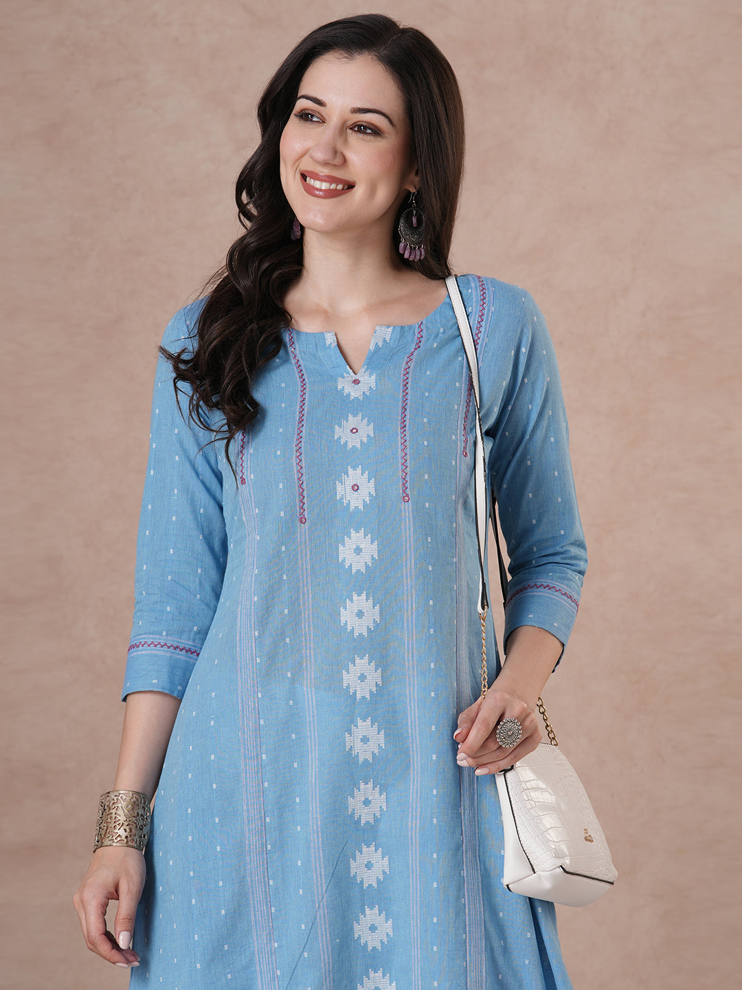 JOYLAND - A-Line Blue Cotton Kurta with Woven Texture, Embroidery & Mirror Work
