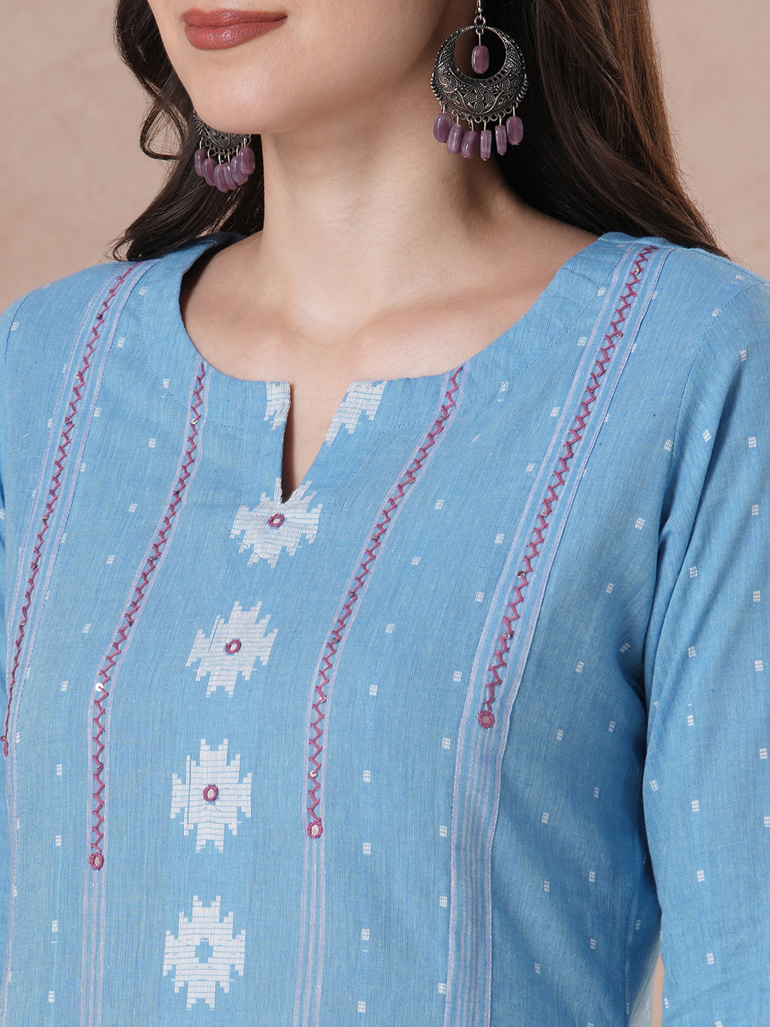 JOYLAND - A-Line Blue Cotton Kurta with Woven Texture, Embroidery & Mirror Work