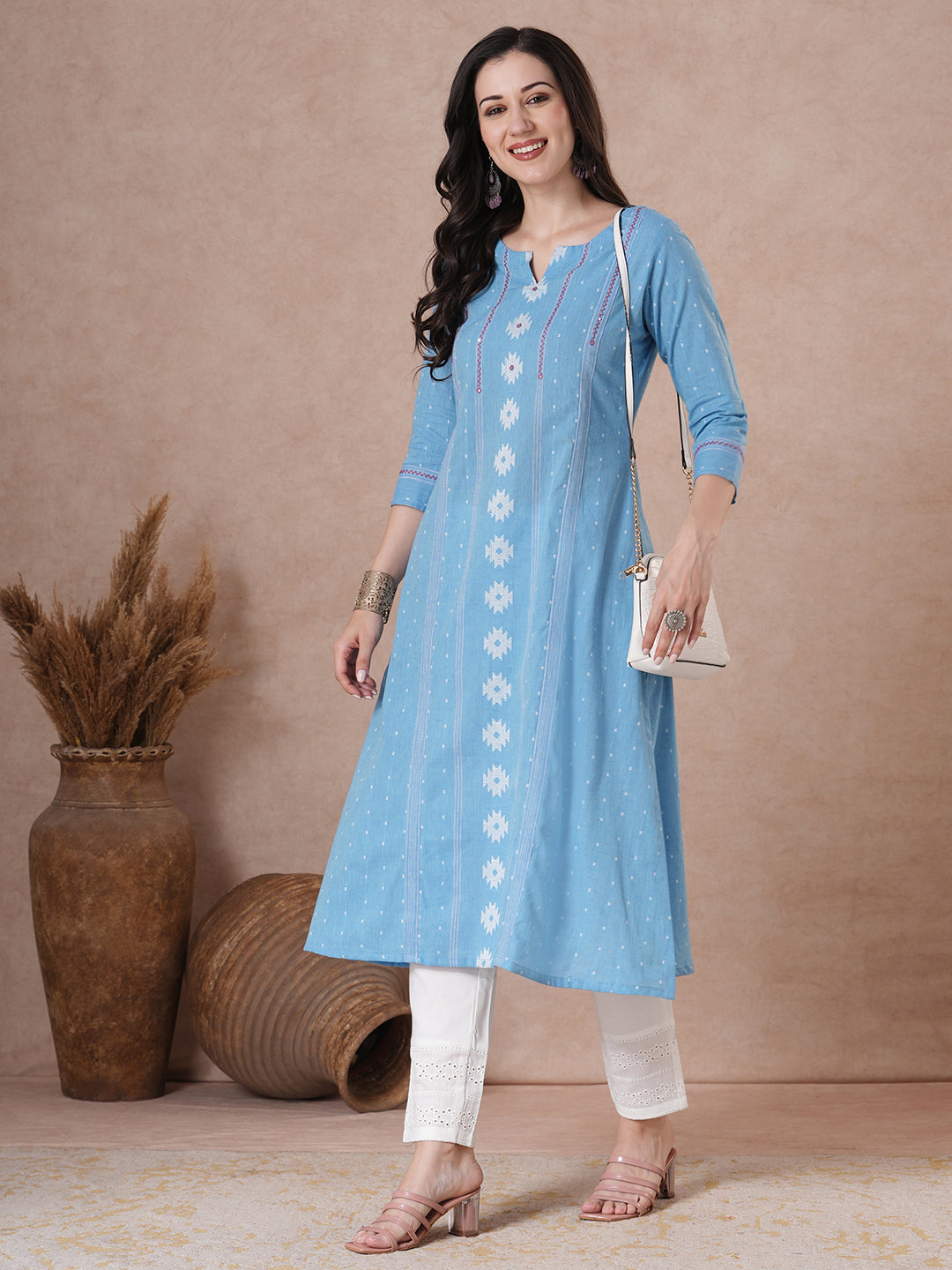 JOYLAND - A-Line Blue Cotton Kurta with Woven Texture, Embroidery & Mirror Work