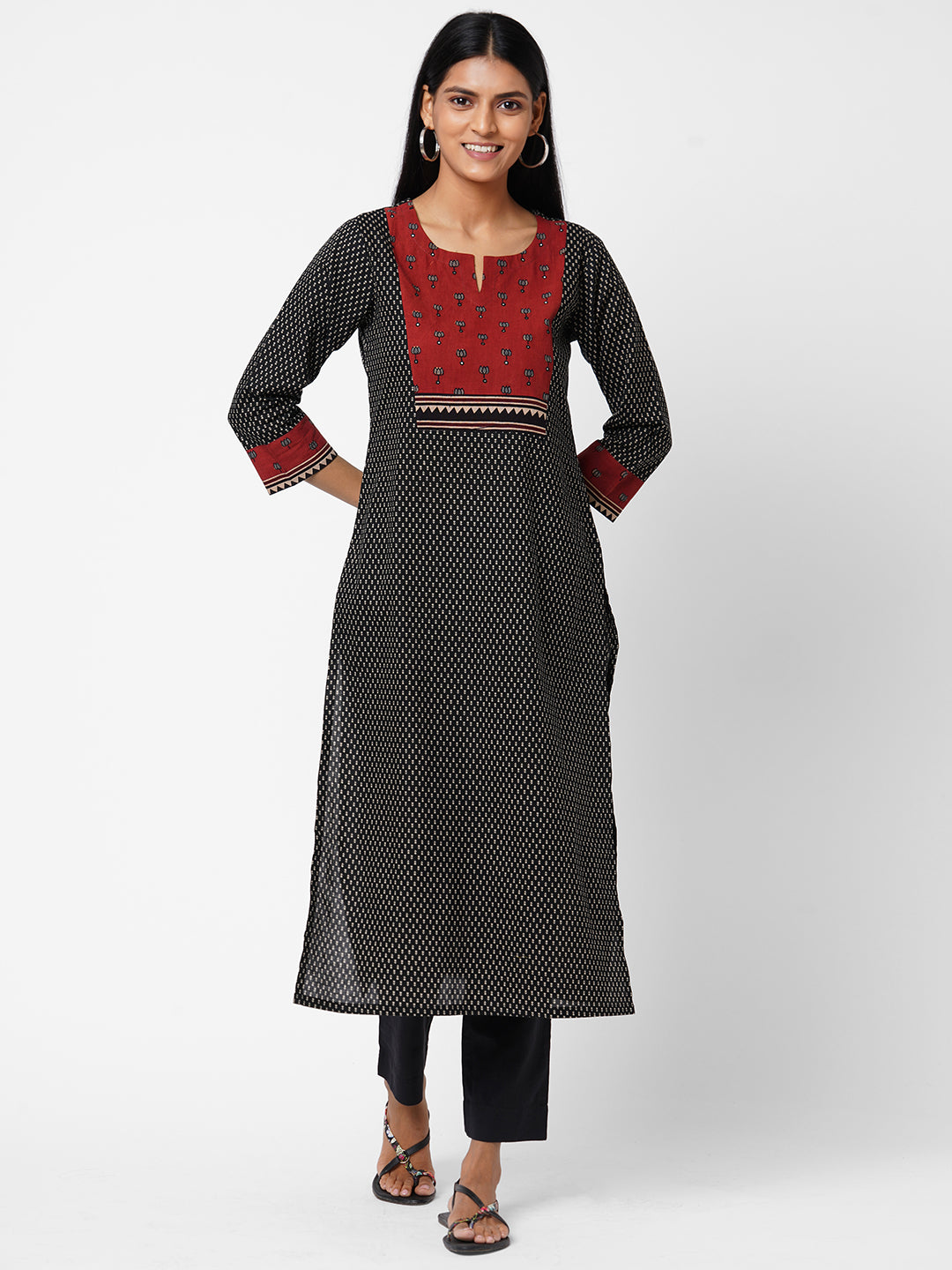 Stylish Cotton Printed Straight Kurta with Ajrakh Design and Mirror Work Yoke Accent