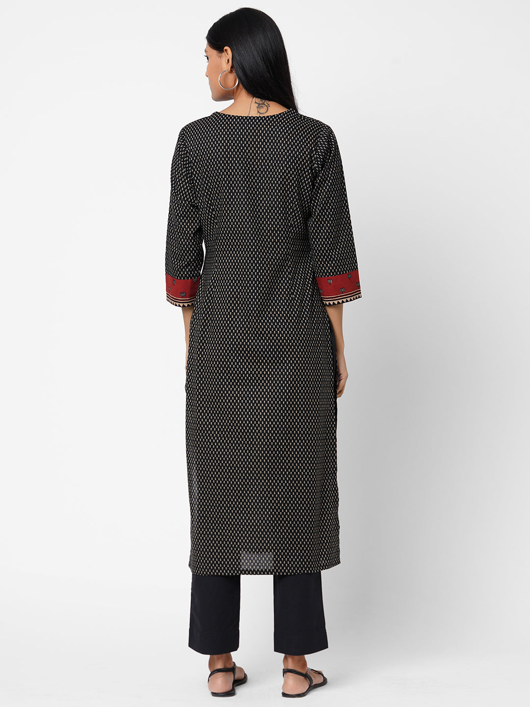 Stylish Cotton Printed Straight Kurta with Ajrakh Design and Mirror Work Yoke Accent