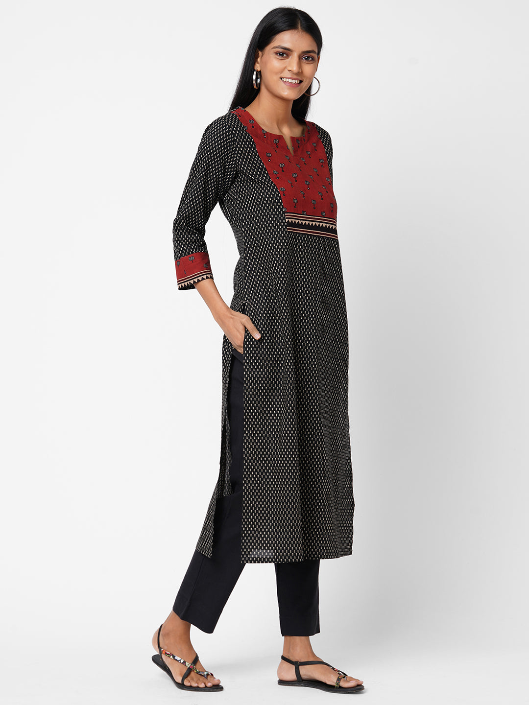 Stylish Cotton Printed Straight Kurta with Ajrakh Design and Mirror Work Yoke Accent