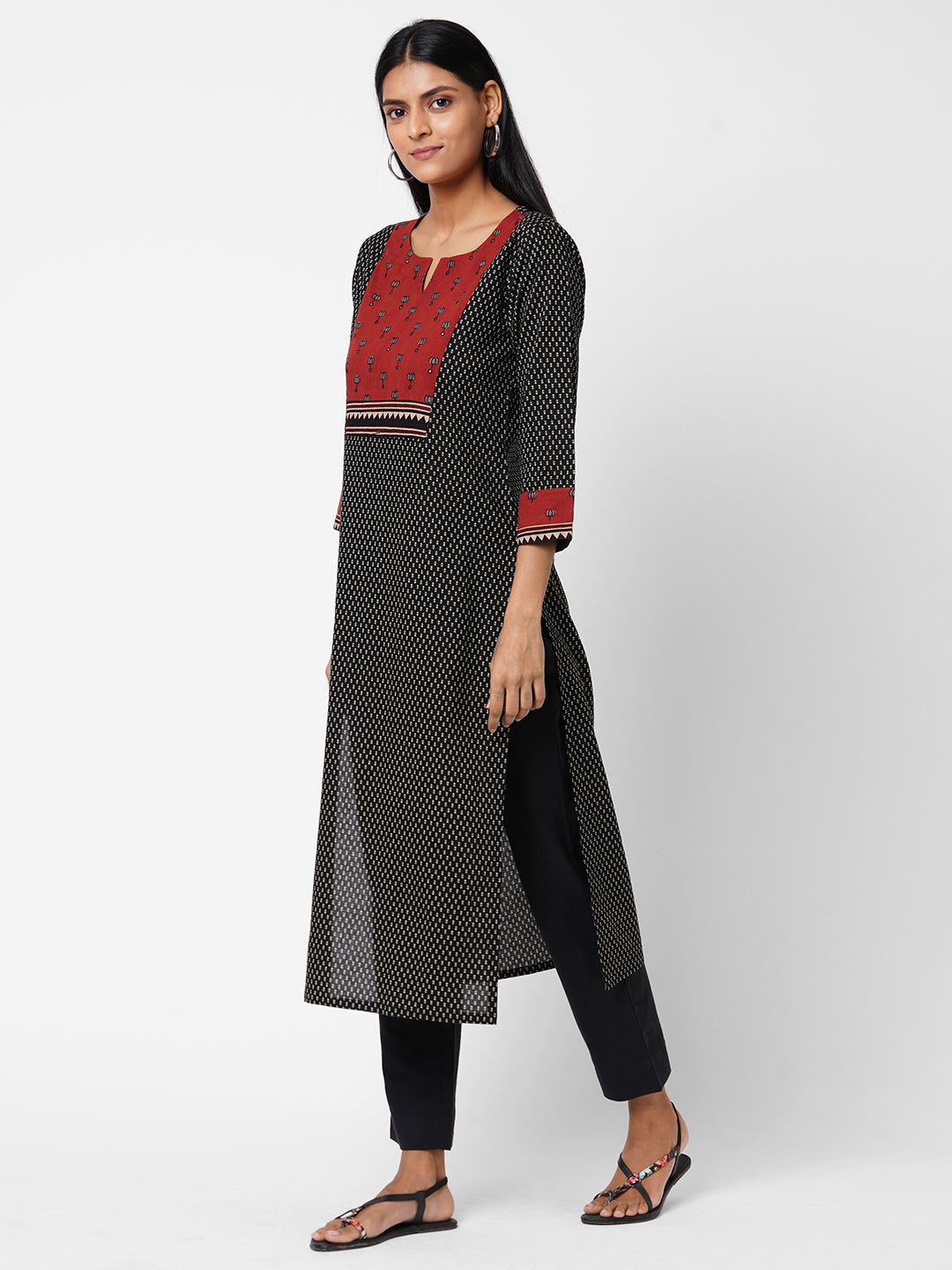 Stylish Cotton Printed Straight Kurta with Ajrakh Design and Mirror Work Yoke Accent