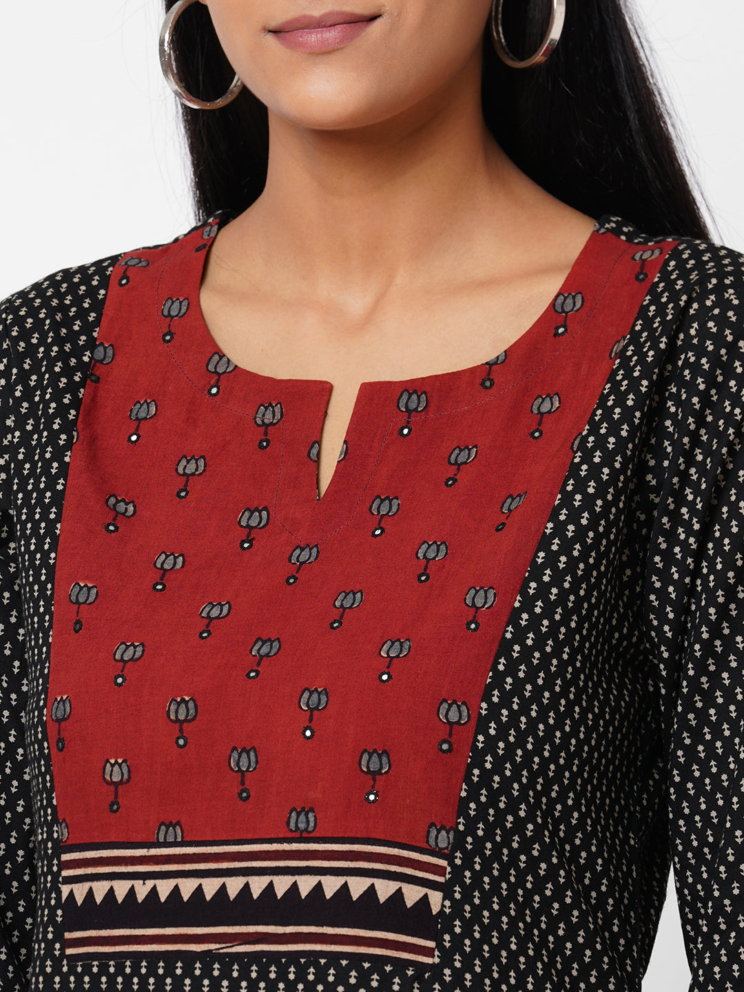 Stylish Cotton Printed Straight Kurta with Ajrakh Design and Mirror Work Yoke Accent