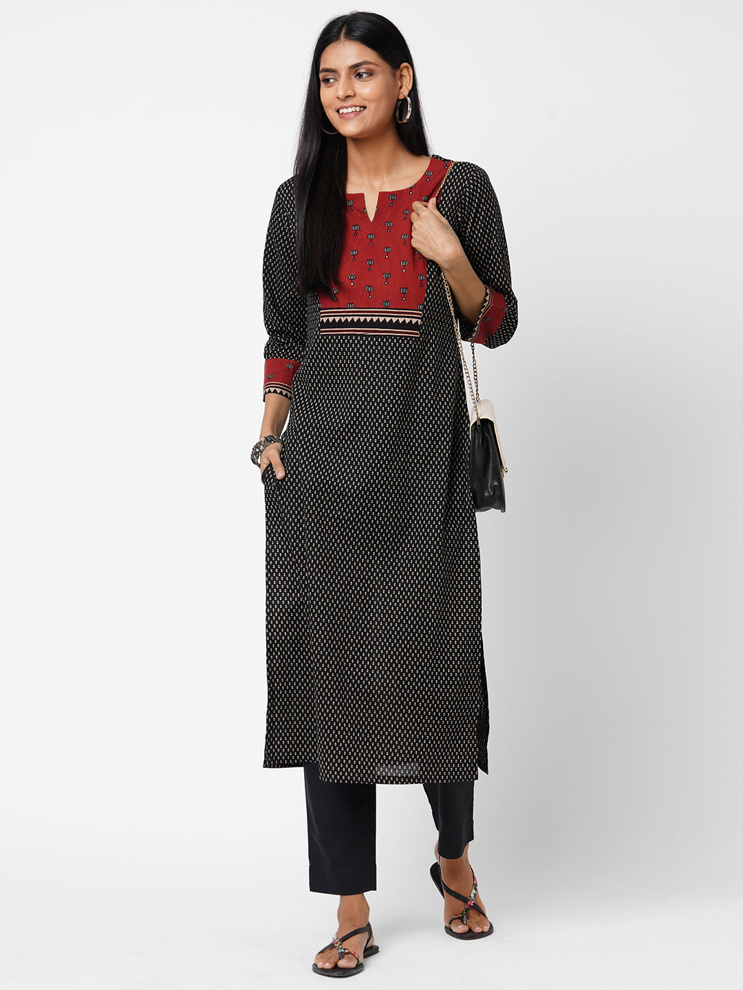 Stylish Cotton Printed Straight Kurta with Ajrakh Design and Mirror Work Yoke Accent