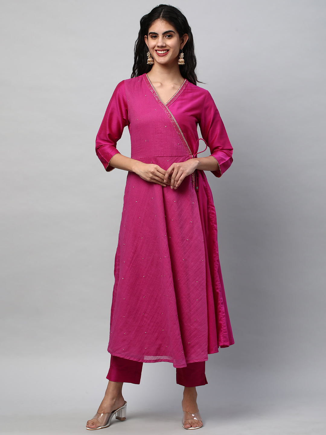 Party Edit- Silk blend kurta with embroidered lace and tassels detail