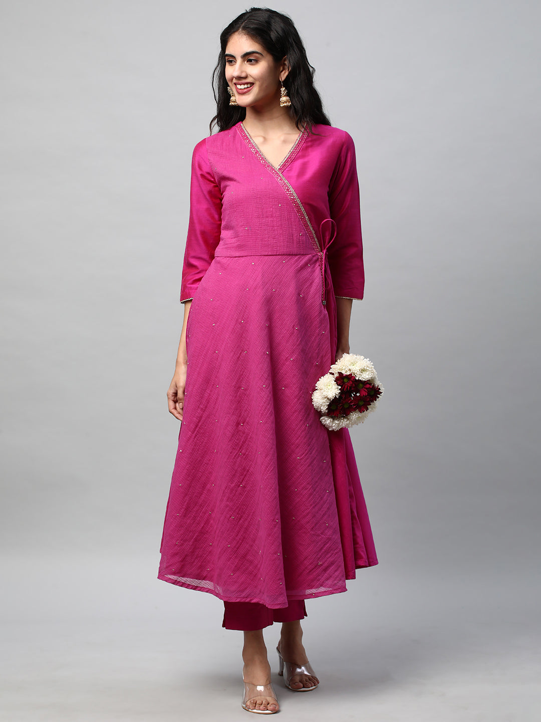 Party Edit- Silk blend kurta with embroidered lace and tassels detail