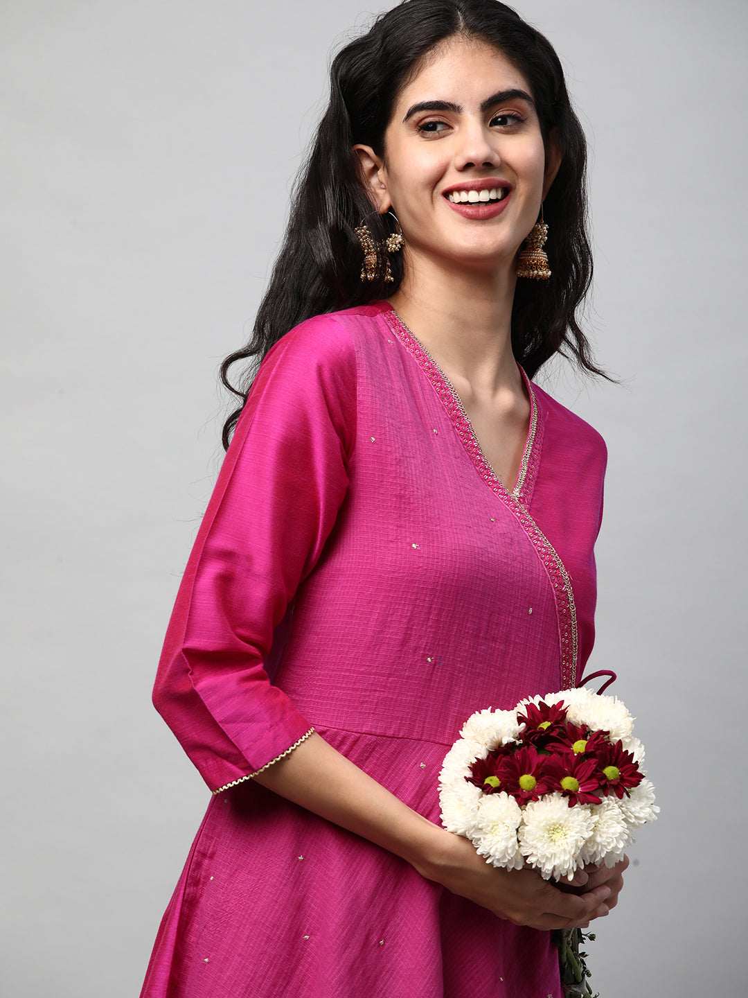 Party Edit- Silk blend kurta with embroidered lace and tassels detail