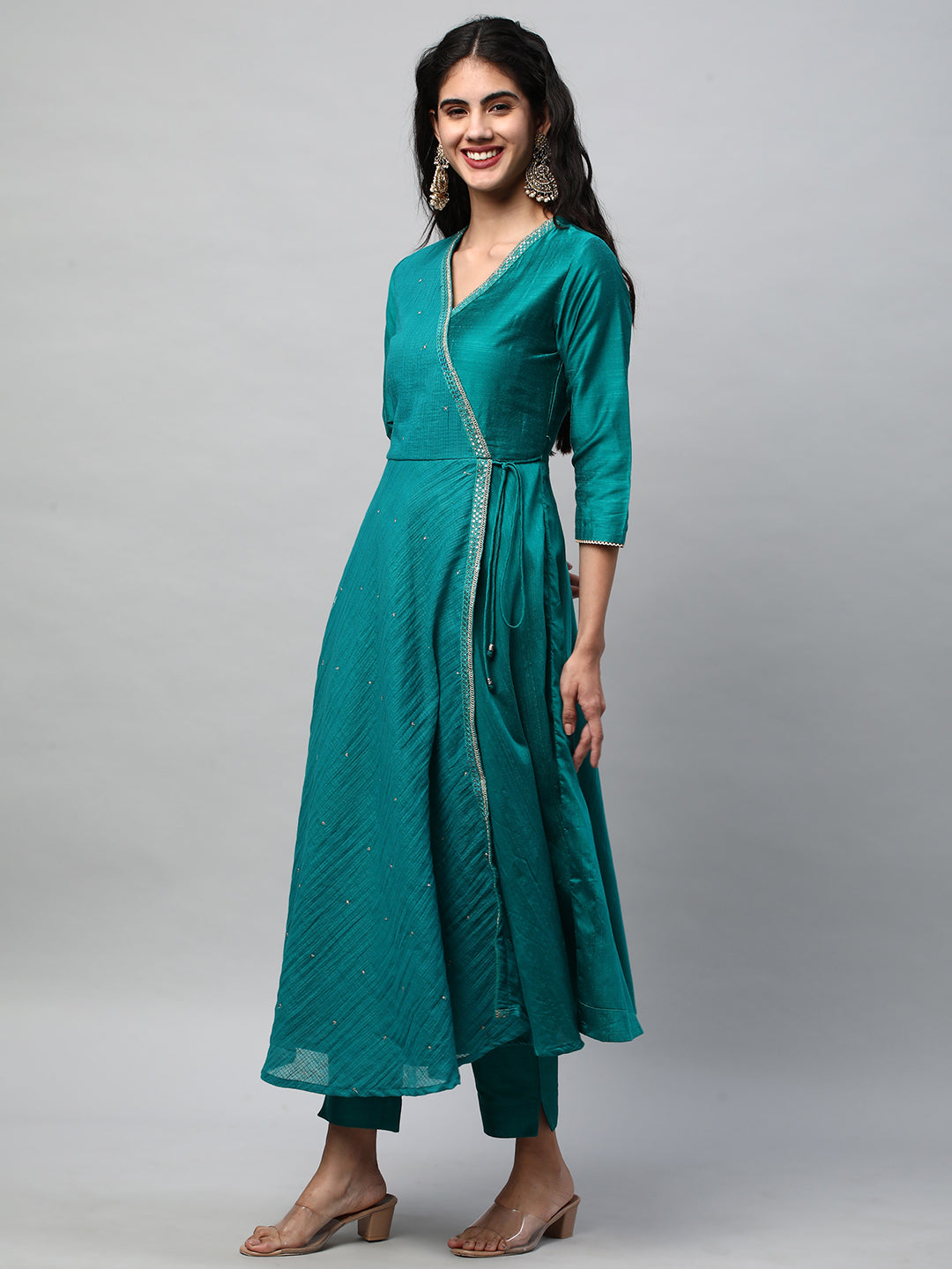 Party Edit - Silk blend kurta with embroidered lace and tassels detail