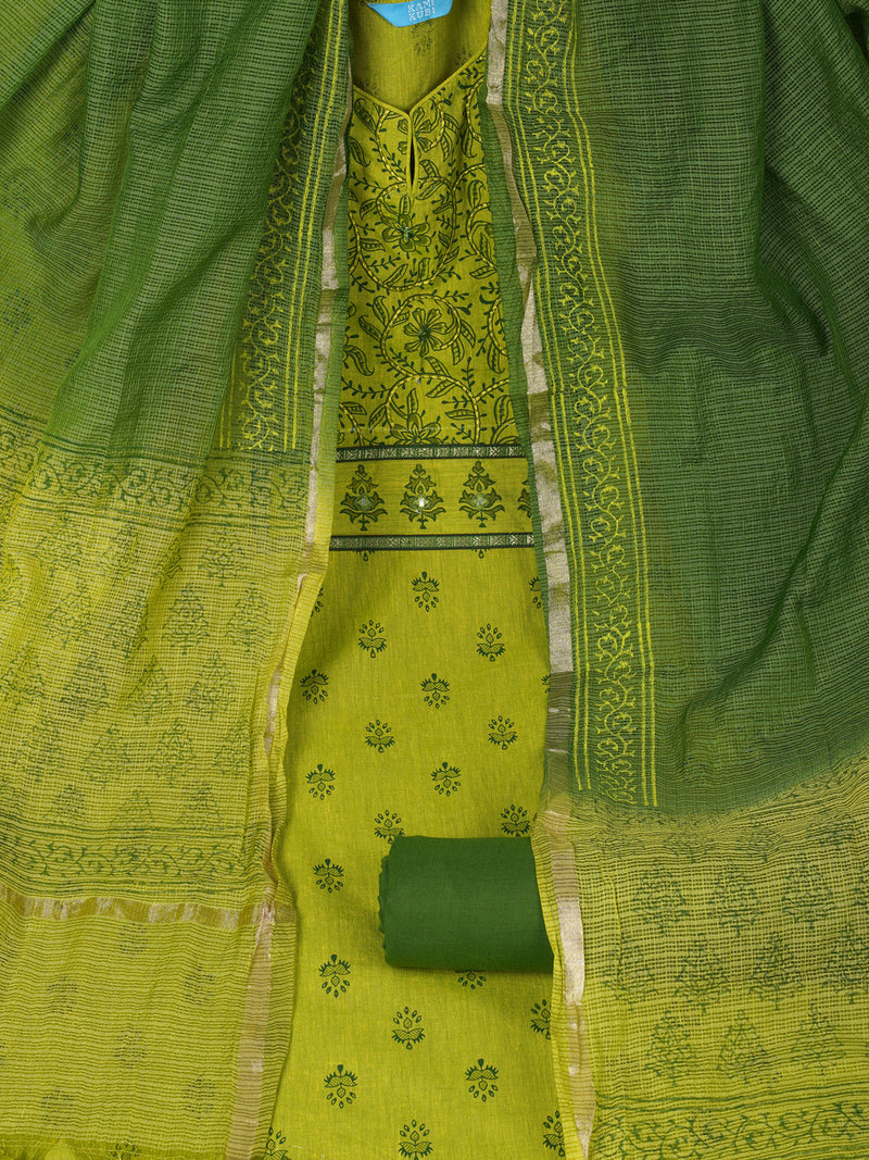 Unstitched lime green south cotton suit set with a mix-match block printed yoke.