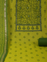 Unstitched lime green south cotton suit set with a mix-match block printed yoke.