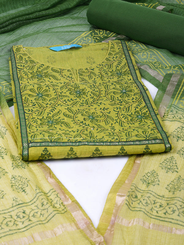 Unstitched lime green south cotton suit set with a mix-match block printed yoke.