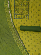 Unstitched lime green south cotton suit set with a mix-match block printed yoke.