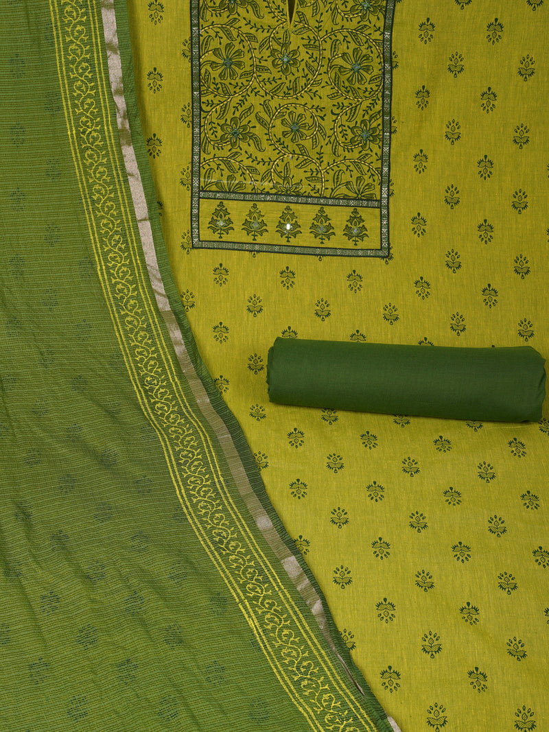 Unstitched lime green south cotton suit set with a mix-match block printed yoke.