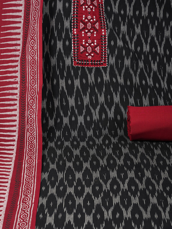 Unstitched cotton suit set with an ikat top and contrast-colored dupatta.