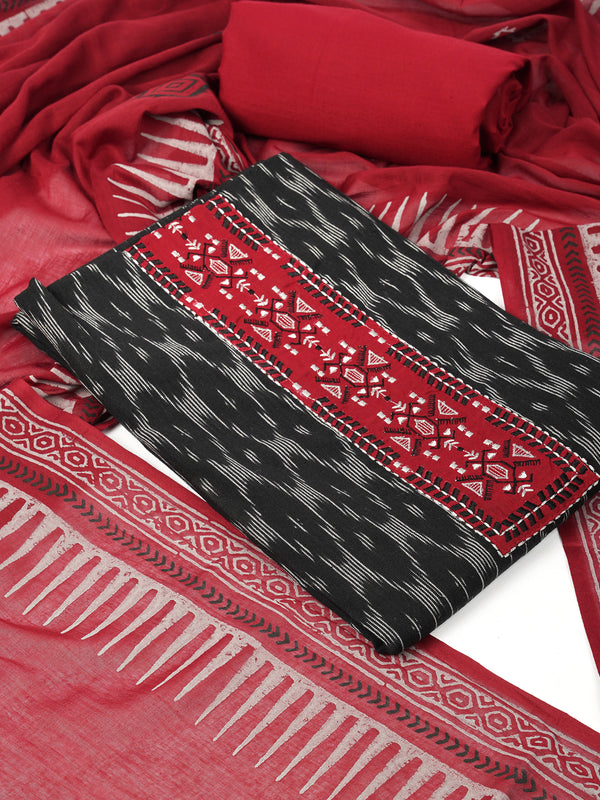 Unstitched cotton suit set with an ikat top and contrast-colored dupatta.