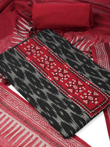 Unstitched cotton suit set with an ikat top and contrast-colored dupatta.