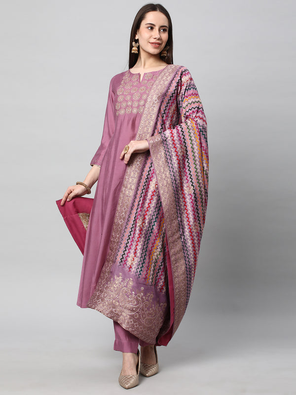 VAMA-Embroidered A line kurta paired with straight pants and printed brocade dupatta.