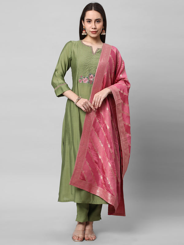 Shaam - A line kurta in silk blend fabric with embroidered A zone and sleeve.