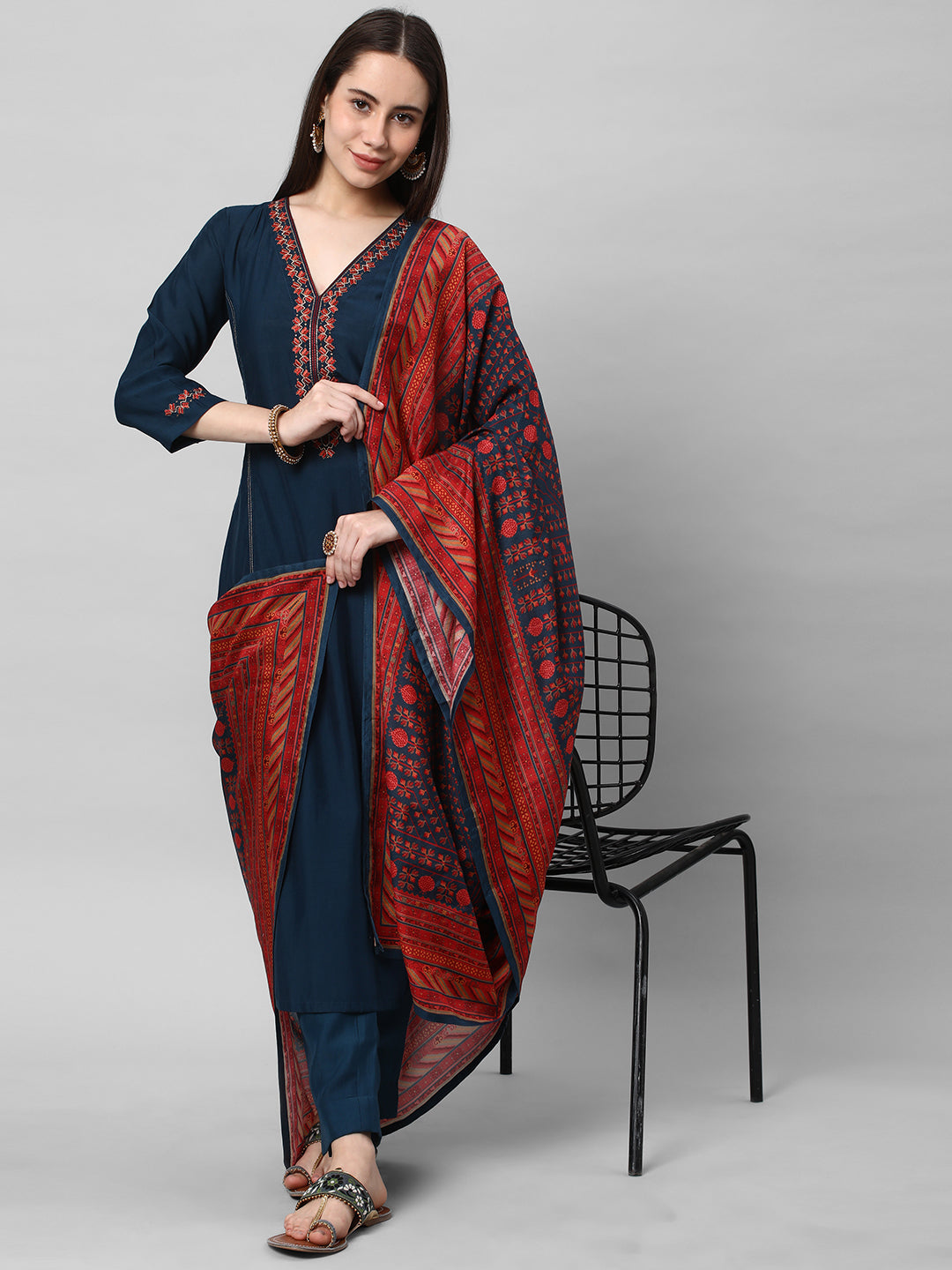 Party Edit- A machine embroidered kurta with self bottom paired with printed dupatta